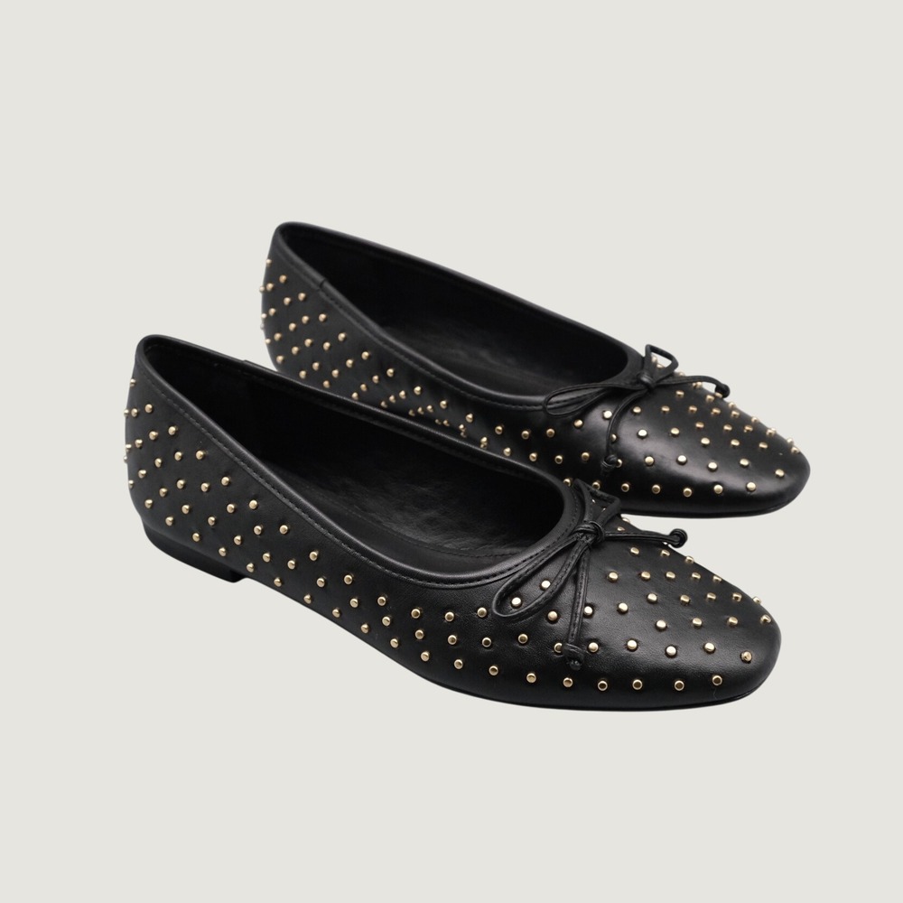 Schutz Arissa Studs Ballet Flats 5B Black Leather Gold Studded Square Toe